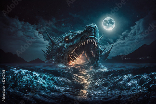 An unknown creature in the water at night. Neon illuminated scary nightmare shark-like animal jumping from the ocean water. Generative AI illustration