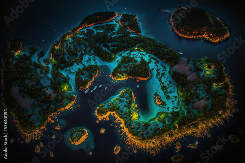 Aerial view of cool islands at night, dim lights from the coastline and ocean. Generative AI illustration