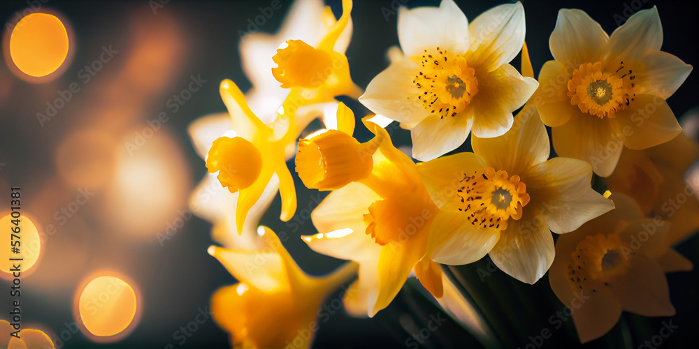 Fototapeta premium Beautiful Panoramic Spring Nature background with Daffodil Flowers, selective focus. AI Generated