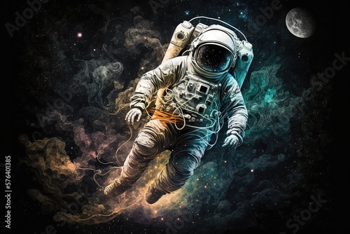 Un astronaute futuriste dans l'espace avec de la fumée de galaxie et des couleurs vibrantes. Super comme du papier peint. © MiniMaxi