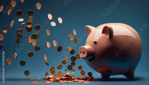 Piggy bank on a pile of coins, coins falling down on the floor, studio setting, AI generative photo