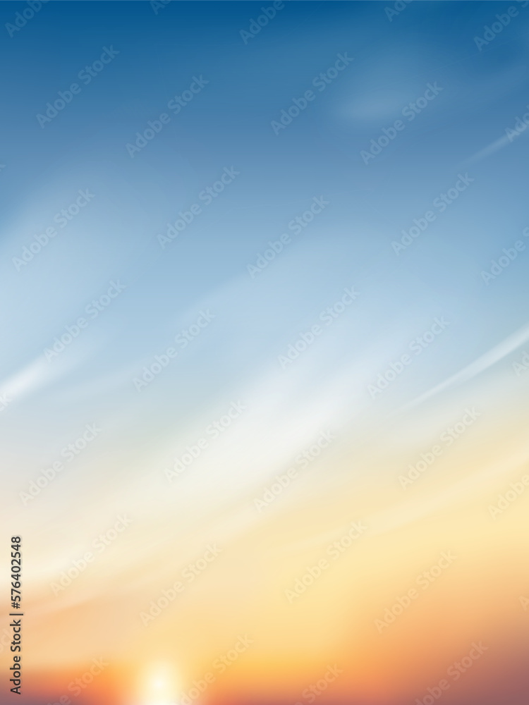 Sunset Sky with cloud in Blue,Orange,Yellow colour Background,Dramatic twilight landscape with Sunset in evening,Vector horizon Sunrise in Morning banner of Sunlight for four season backdrop banner - obrazy, fototapety, plakaty 