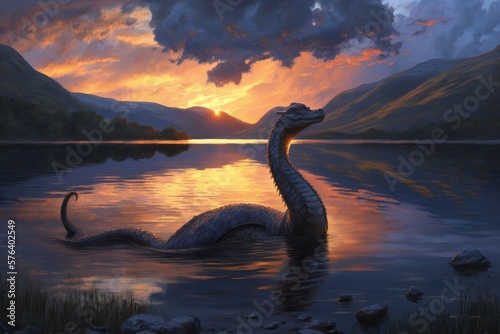 Loch Ness monster. Nessie swims in the lake. Sunset, Sunrise, dawn lighting.  photo