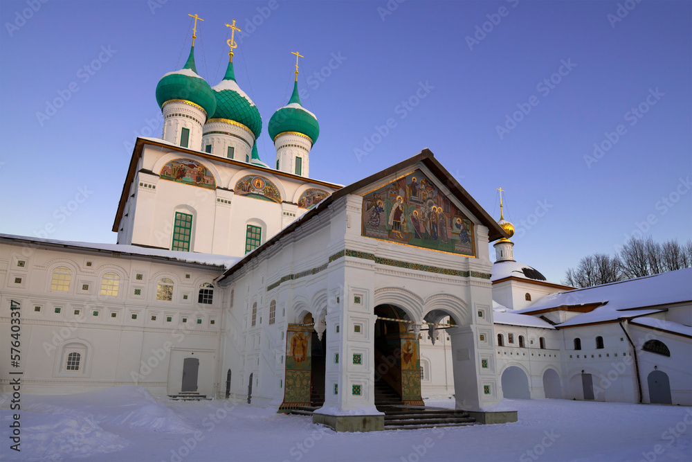 Ancient Cathedral of the Entry into the Temple of the Blessed Virgin Mary (1688) of the Vvedensky Tolgsky Monastery on a January evening. Yaroslavl, Golden Ring of Russia