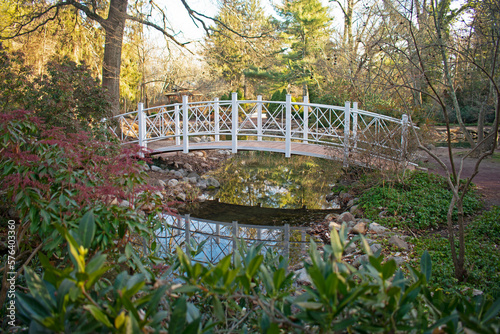 Scenic view of a small bridge crossing over a pond in Sayen Gardens, Hamilton, New Jersey, USA, on a bright, winter day -08