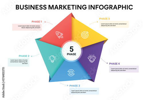 Origami style pie chart pentagon infographic template with 5 options, steps, parts, segments. Business concept. marketing infographic vector illustration. photo