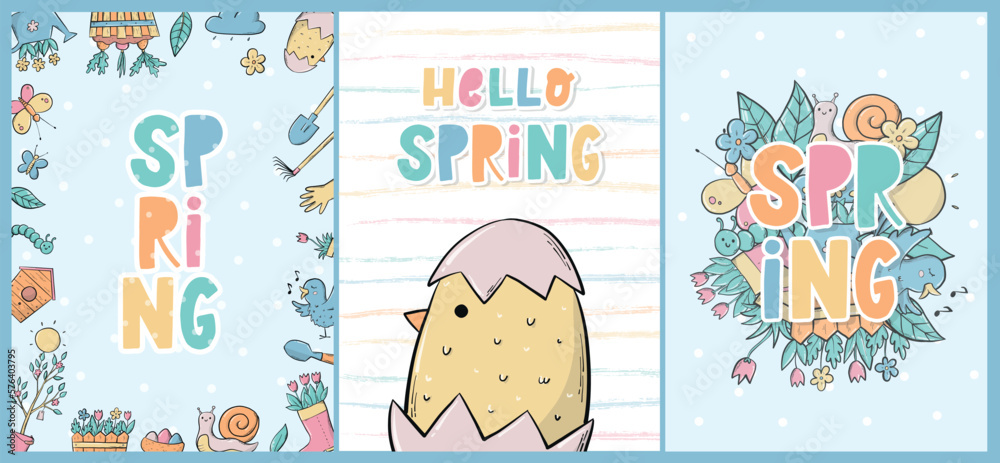 set of spring greeting cards, nursery posters, prints, templates decorated with doodles and quotes. Good for wall art, apparel decor. EPS 10