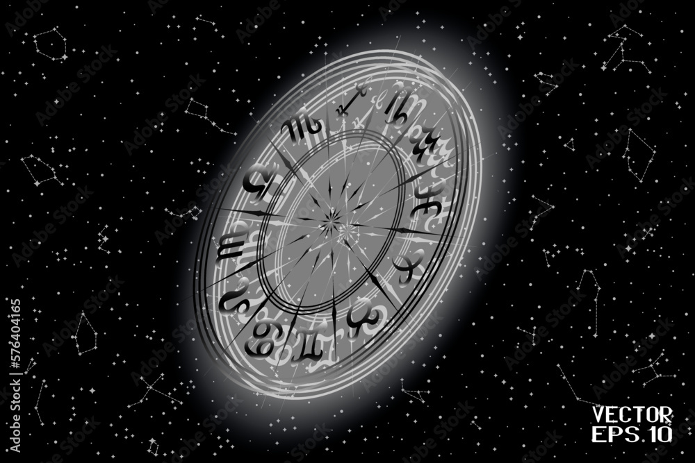 custom made wallpaper toronto digitalBlack and White Round Frame with Zodiac Signs and Shadow. Horoscope Symbol. Panoramic Sky Map of Hemisphere. Glowing Constellations on Starry Night Background. Vector. 3D Illustration