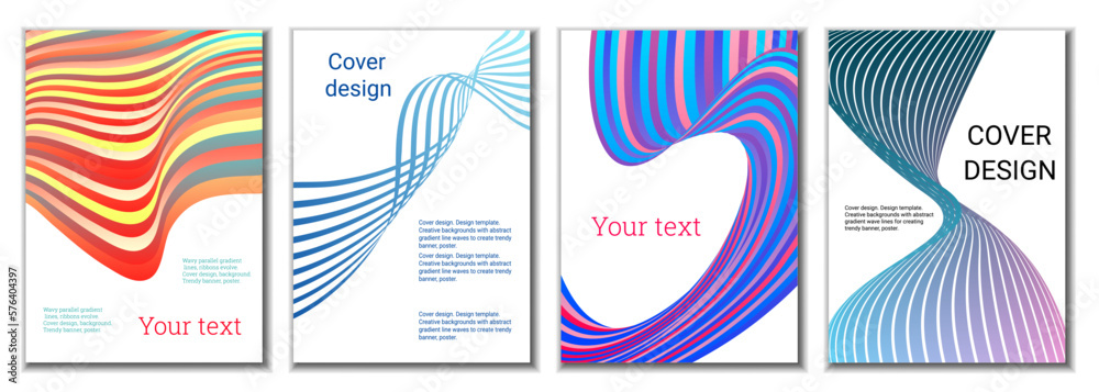 A set of 4 abstract covers. Wavy parallel gradient lines, ribbons evolve. Cover design, background. Trendy banner, poster. A set of 4 abstract covers. Wavy parallel gradient lines, ribbons evolve. Cover design, background. Trendy banner, poster.