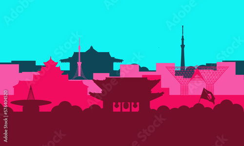 Illustration of japan tokyo city silhouette with various buildings, monuments, tourist attractions