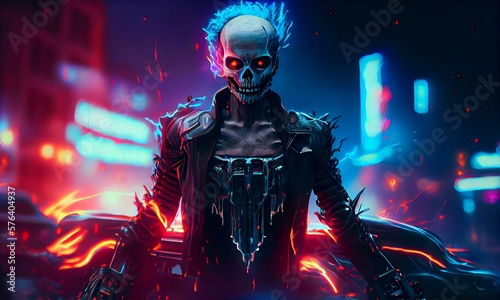 Skeleton skull cyberpunk design néon light. Created with Generative AI.