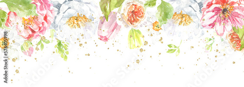 Watercolor Easter flower frame illustration. Botanical spring floral drop, gold glitter banner,border, peony,rose, cute Easter bunny animal clipart, baby shower, happy birthday invite,border, banner