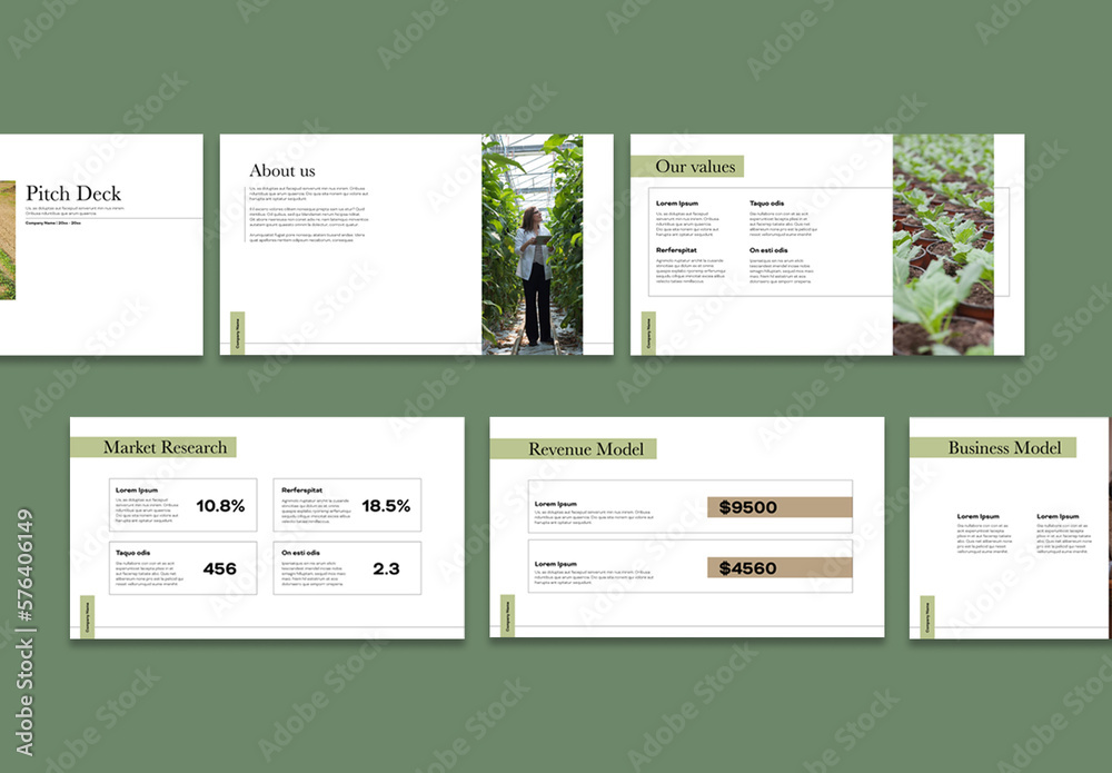 White and Green Pitch Deck Stock Template | Adobe Stock