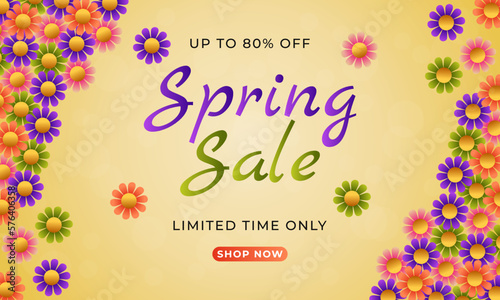 Spring sale banner background template design with colorful flowers for social media cards, vouchers, posters, flyers, invitations, and brochures. © sumonbrandbd