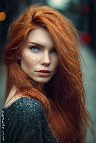 Young Redhead with freckles  portrait. Generative AI illustration © IBEX.Media