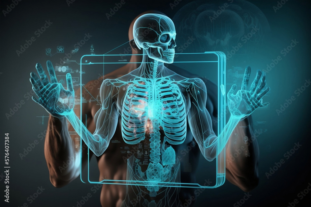 Digital Anatomy: Doctor's Hands Holding Holographic Human Body, Generative AI