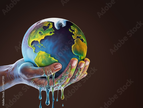 Fototapeta Naklejka Na Ścianę i Meble -  Climate disaster concept with planet Earth melting away in human hands. Generative AI illustration