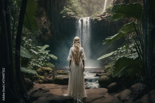 Yond woman in white dress standing inn front of tropical waterfall. Generative AI illustration