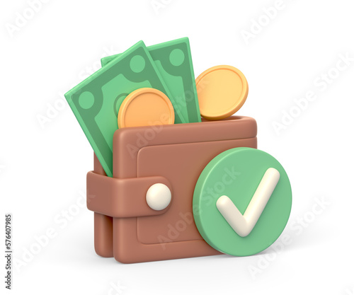 Realistic 3d icon of wallet with money banknotes, golden coins and tick sign