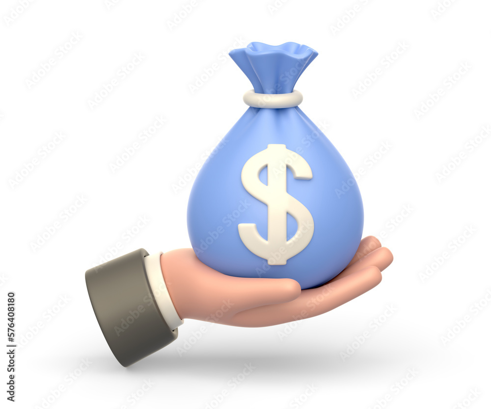 Realistic 3d icon of hand holding money bag with dollar sign Realistic 3d icon of hand holding money bag with dollar sign