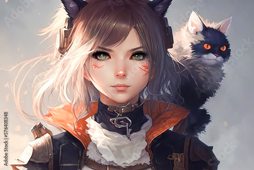 Anime girl with cat ears and her cat. White hair neko girl with her cat in anime outfit. Beautiful cartoon young cat woman, Generative AI. photo