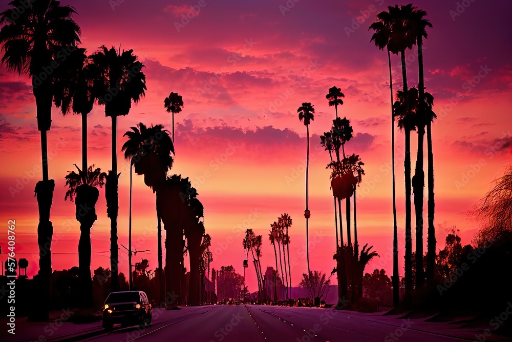 Sunrise at sunset boulevard with pink sky and the palm tree lined road, generative AI - obrazy, fototapety, plakaty 