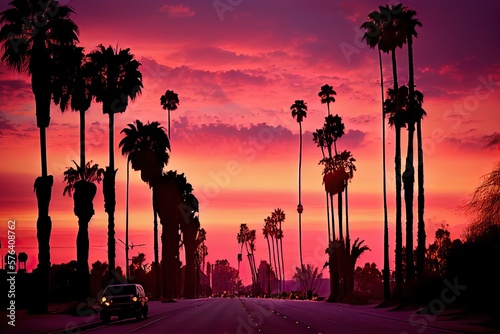 Foto Sunrise at sunset boulevard with pink sky and the palm tree lined road, generati