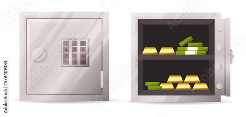 Bank metal vault and safes with open and closed doors. Safe Icons. Gold bars and cash money in secure metal storage. Bank metal vault and safes