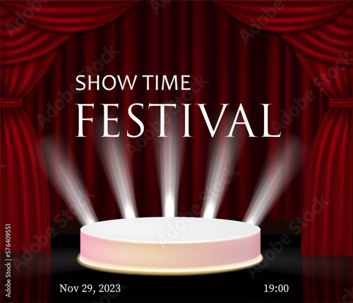 Realistic red curtains and stage with fairy glow, vector background. Award show. Stage red drapery and spotlights. Movie night or showtime.