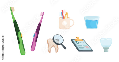Dental care design style isometric vectors set. Personal hygiene, healthcare, stomatology concept. Electric toothbrush,Cups for toothbrushes and teeth cleaning tools, mouthwash glass, magnifying glass