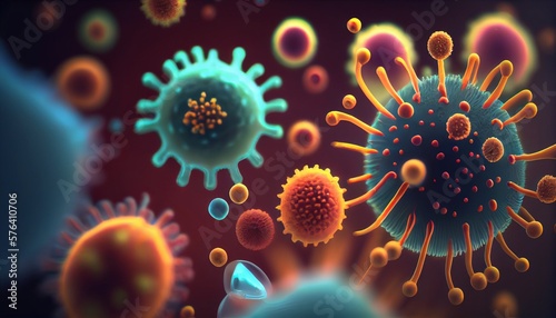 A colorful illustration of viruses, bacteria and microorganism cells. Generative AI, Generative, AI