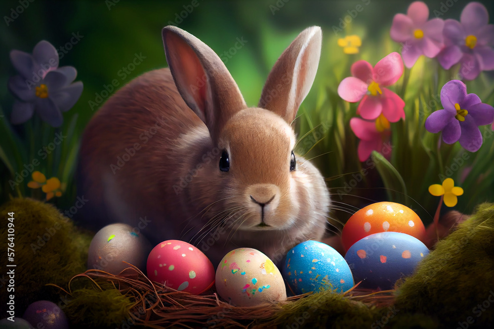 ilustration, rabbit in the meadow with many colorful easter eggs around, generative ai