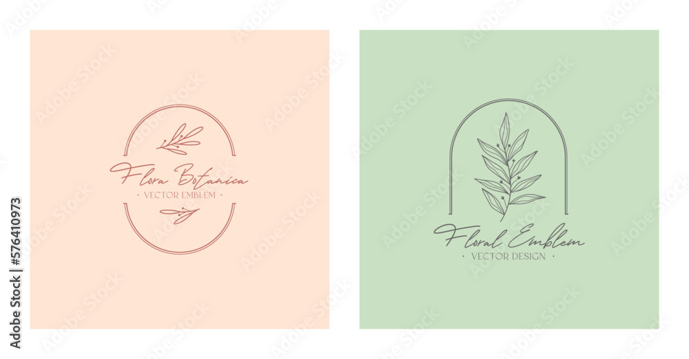 Vector feminine floral emblems.Elegant logo designs with linear branches and frame.Modern botanical badges in trendy minimalist style.Branding boho design templates. Vector feminine floral emblems.Elegant logo designs with linear branches and frame.Modern botanical badges in trendy minimalist style.Branding boho design templates.
