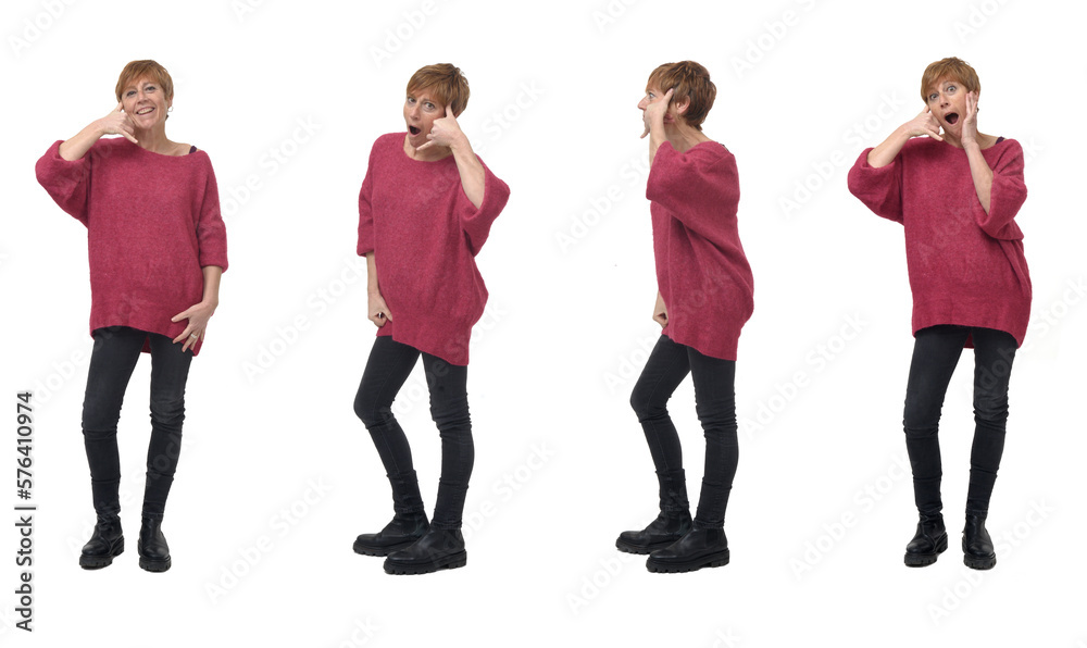 Fototapeta premium front and side view of a group of same woman making phone gesture and open mouth white background