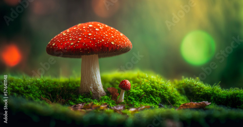 A lovely poetic red mushroom emerging from a lush green moss, on a blurred background with green tones. Idyllic and romantic image with splendid lights. Generative AI