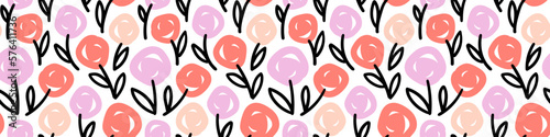Hand drawn seamless Pattern with Flowers for textile, wallpaper, greeting, wrapping, package. Stylized roses background pink, red, beige, black. Simple Spring or Summer texture. Vector illustration.