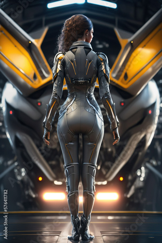 Female Pilot in Modern Flight Suit Standing in Front of Spaceship. Generative AI