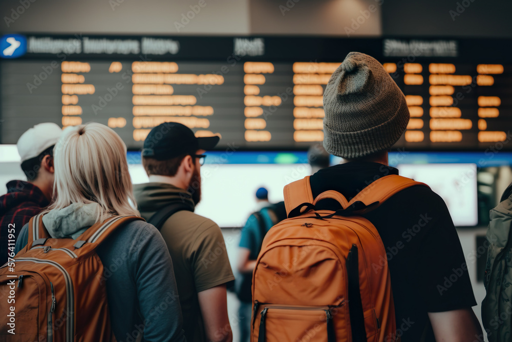 Excited Tourists Searching for Flights at Busy Airport Terminal. Generative AI Excited Tourists Searching for Flights at Busy Airport Terminal. Generative AI