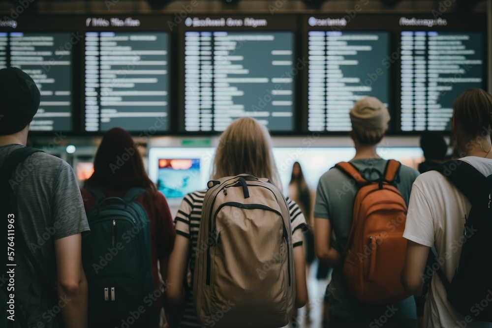 Excited Tourists Searching for Flights at Busy Airport Terminal. Generative AI Excited Tourists Searching for Flights at Busy Airport Terminal. Generative AI