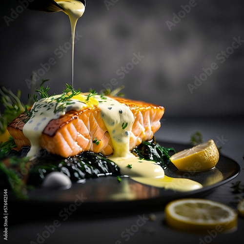 Photorealistic Close-up of Gourmet Dish, Salmon with Hollandaise Sauce - Generative AI