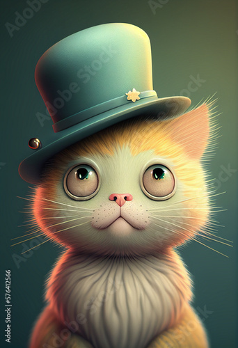 3d Cute Cat with Hat created with Generative AI Technology