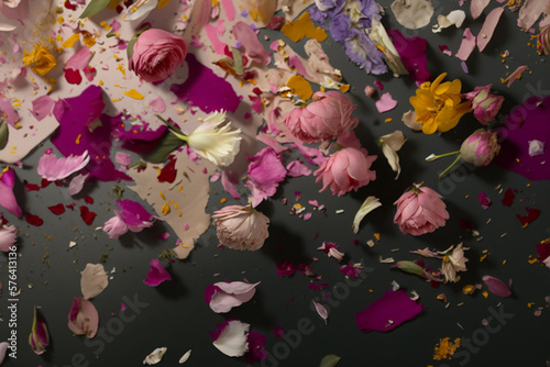 scattered petals and subtly flowers lie on the dark background,generative ai.