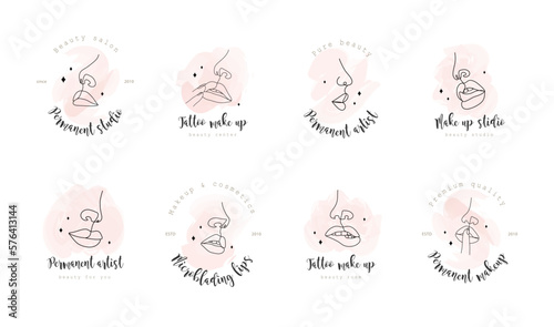 Permanent studio logo. Big collection. Lip makeup procedure. Tattoo salon. Linear female lips with pink watercolor splash. Abstract minimalistic woman portrait. Modern vector illustration.