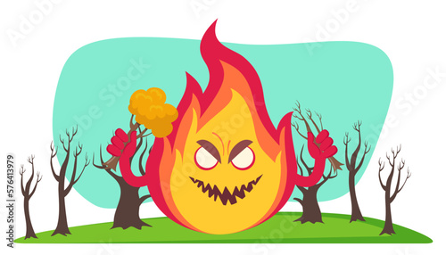 Huge angry fire character holding trees vector illustration. Cartoon drawing of comic flame with face and hands destroying or threatening forest. Ecology or environment, nature, danger concept