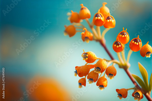 Pure orange flowers, sparkling in the morning light. Beautiful dynamic image of spring to add a je ne sais quoi to any graphic design. Blue sky background. Generative AI photo