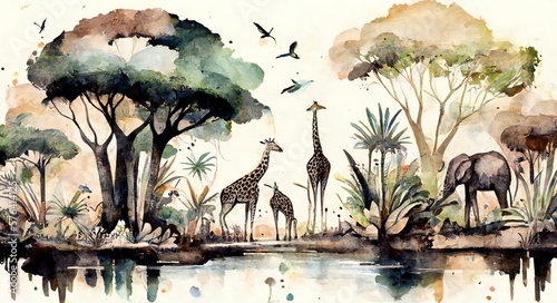African tropical jungle landscape with trees next to the river and elephants, giraffes, birds. Watercolor painting style, Ai generative. © kilimanjaro 