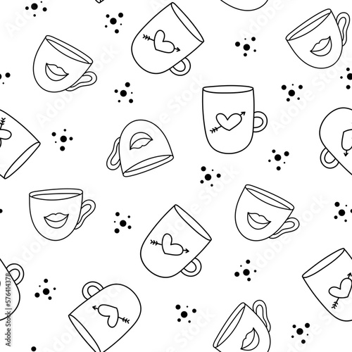 Vector seamless pattern with cups with line art outline 