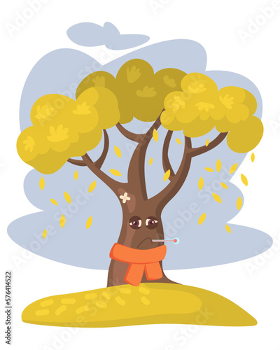 Sick comic tree with thermometer and scarf vector illustration. Cartoon drawing of sad tree character with flu or cold on white background. Ecology or environment, nature, danger concept