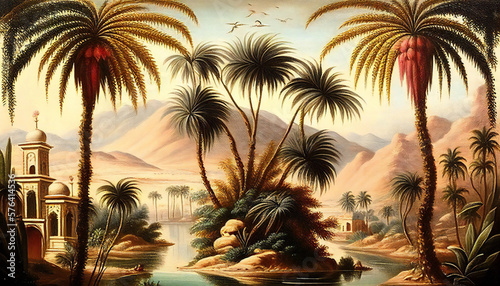 Wallpaper of a desert oasis with river  valleys  desert birds and palm trees. Antique generative ai drawing. 