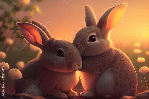 Two cute Easter bunnies in the rays of the setting sun against the background of nature.. AI.